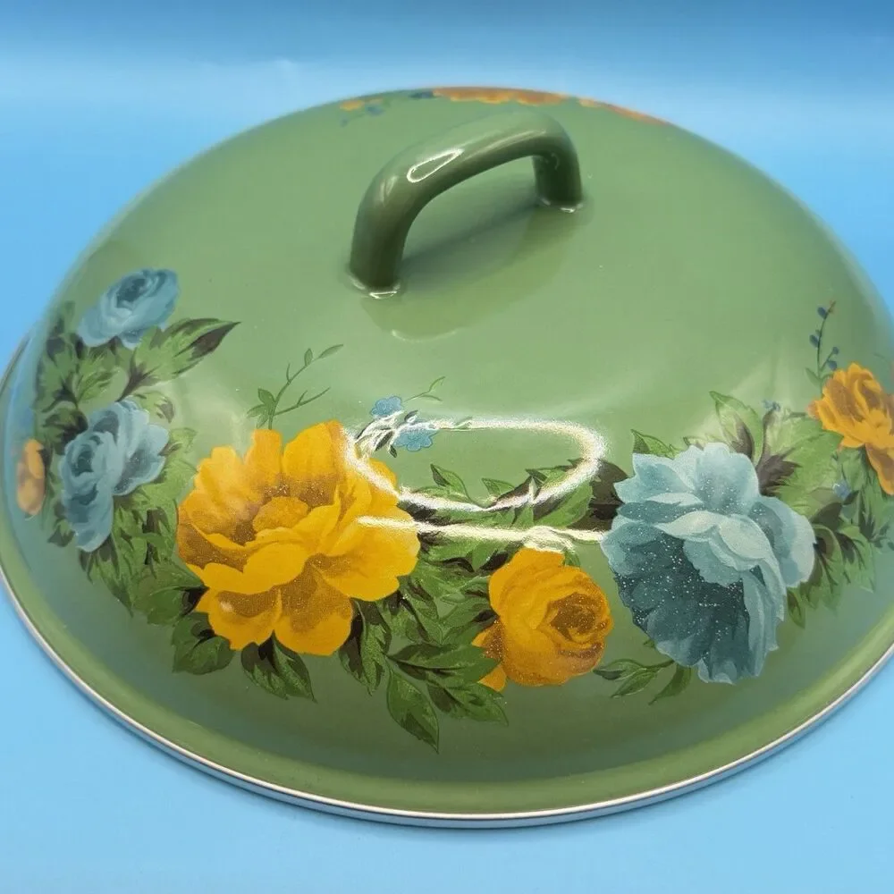 Pioneer Woman Floral Enamel Casserole Pot w Lid Green Blue Yellow Roses 2813JOC